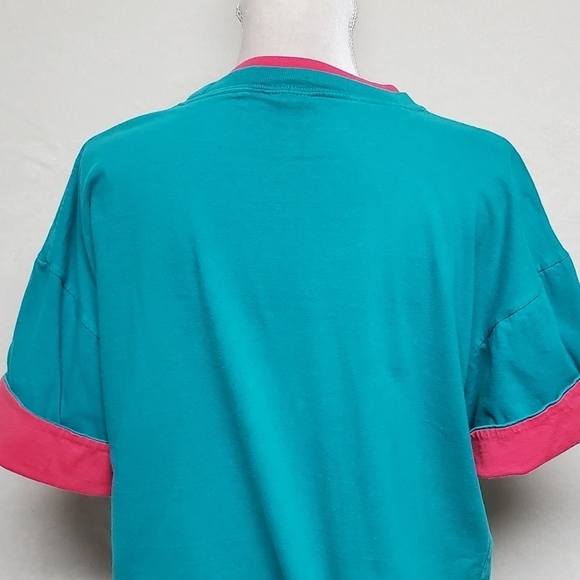 VINTAGE 90s Teal Hot Pink Oversized Boxy Cut Cuffed Short Sleeve Cropped Tee - Picture 12 of 13